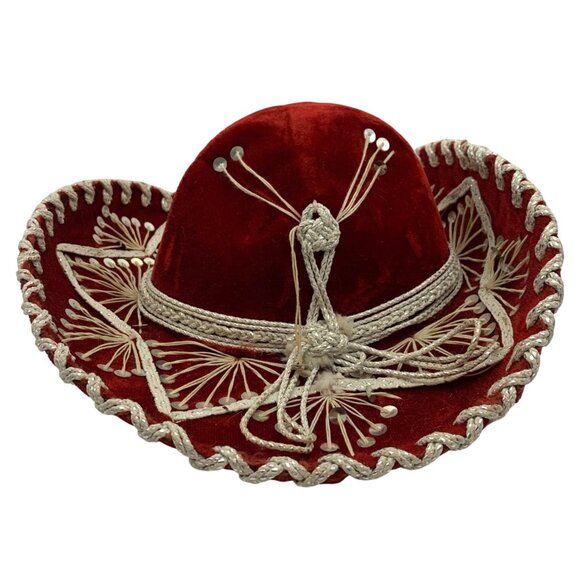 Pigalle Red SOMBRERO XXXX Vtg Small Mexican Mariachi Hat Sequined Embroidered - Picture 5 of 10